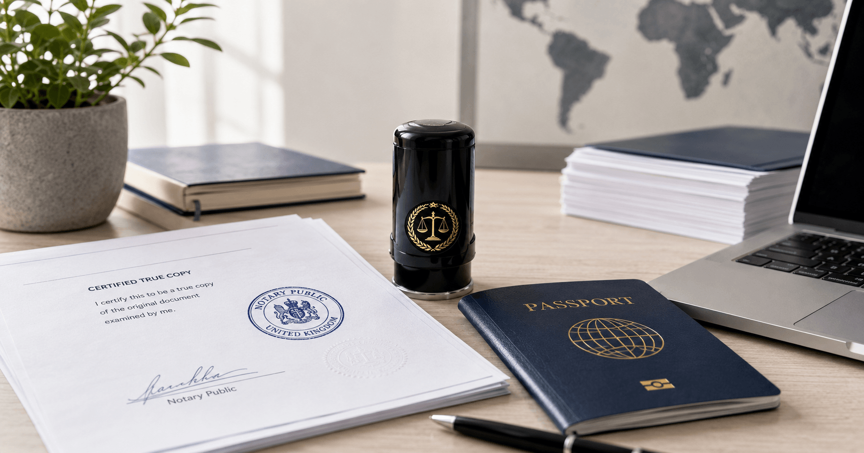Certified true copy of a passport notarised by a notary public alongside an original passport, illustrating the online certified true copy process.