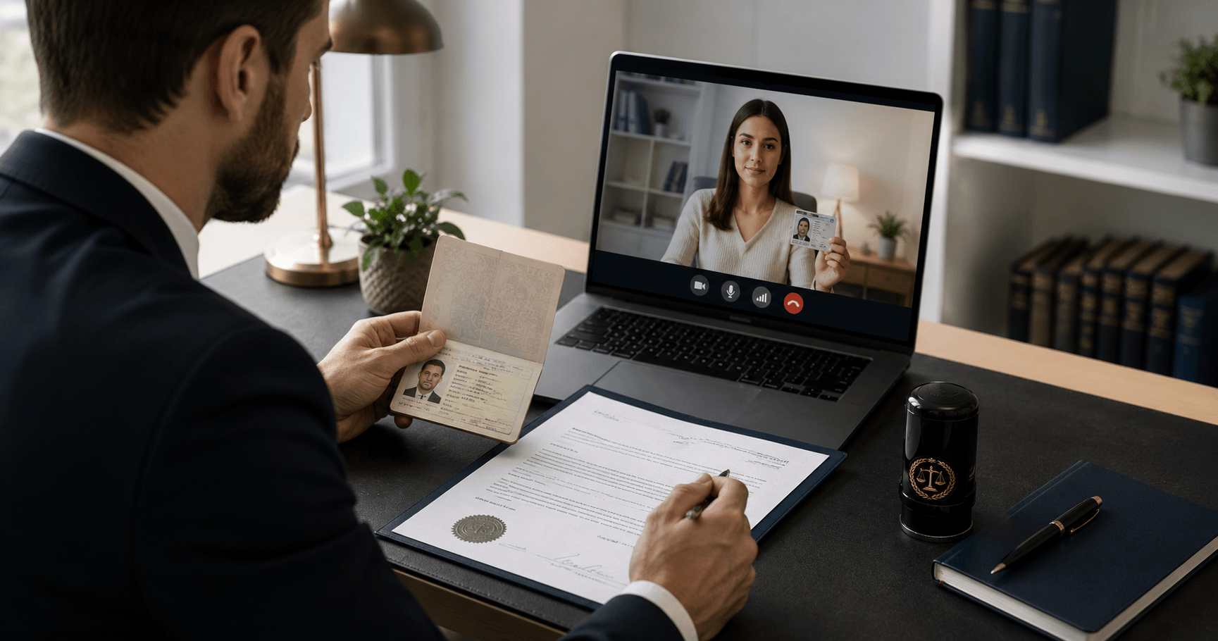 Commissioned notary conducting a secure online notarisation session via encrypted video call while verifying a client's identity and legal documents.